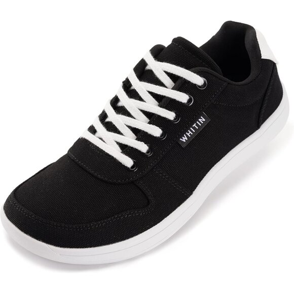 WHITIN Women Wide Toe Box Barefoot Sneakers Canvas Minimalist Shoes Black White